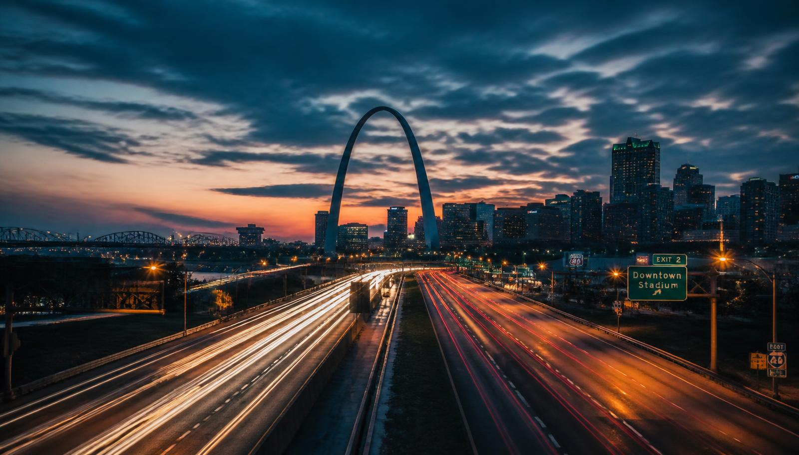 Downtown St. Louis highway traffic near the Gateway Arch at dusk