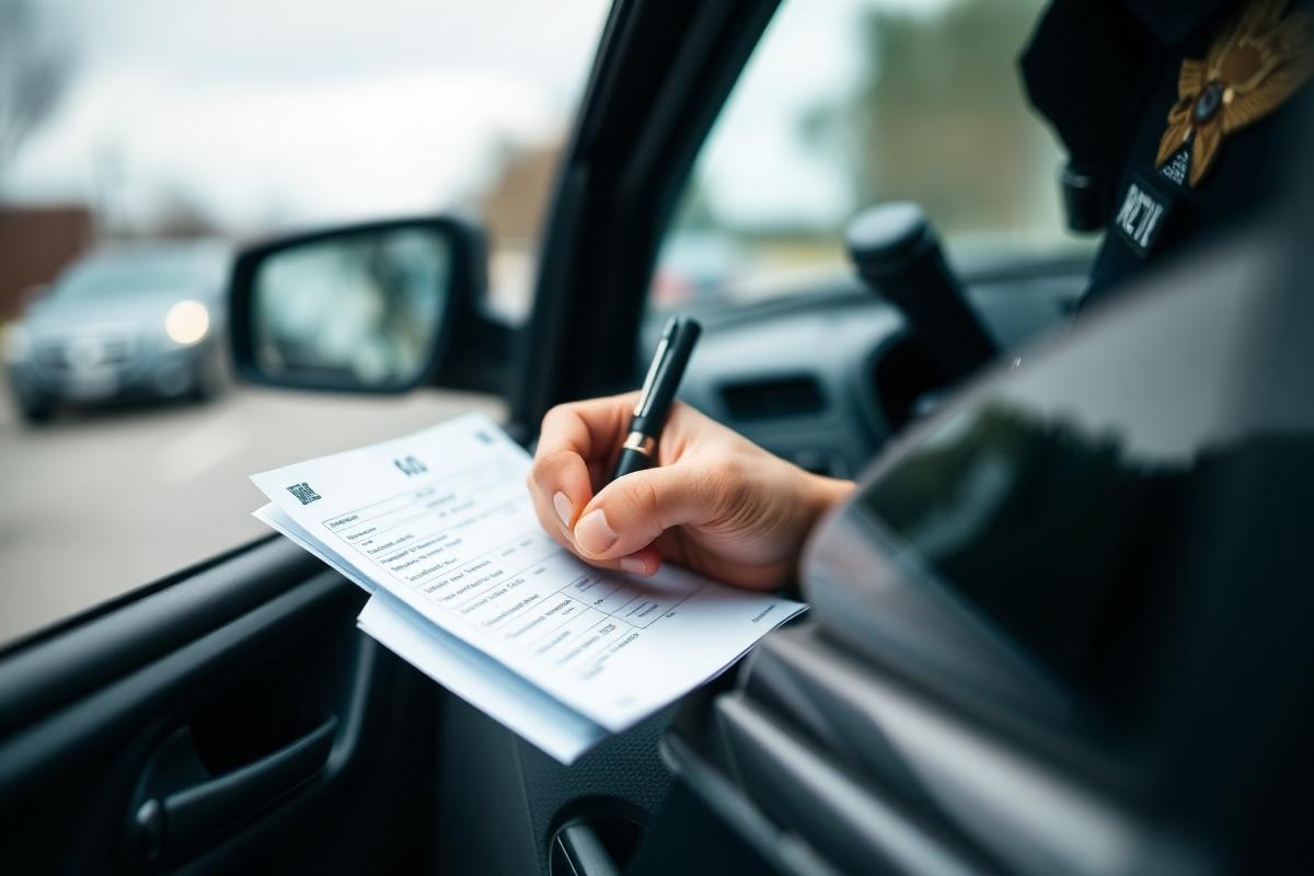 Officer writing a traffic citation during a roadside stop